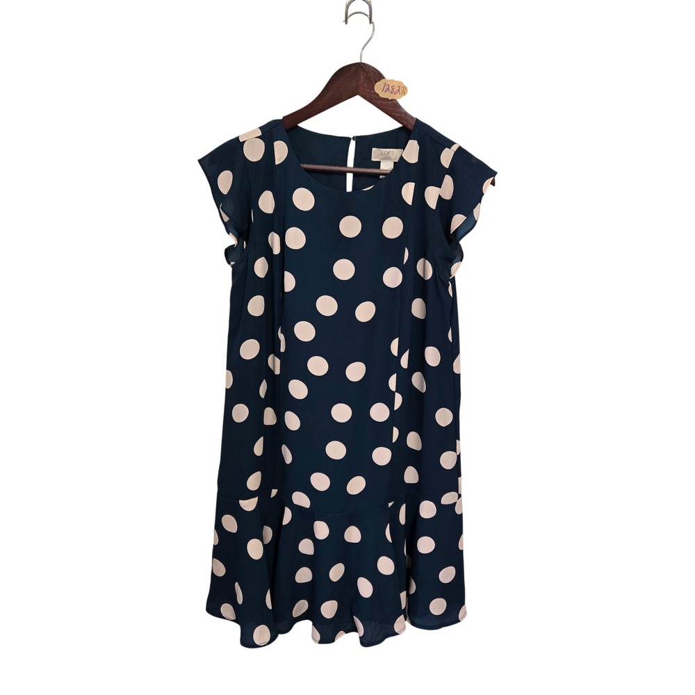 Loft Outlet Petite Navy Blueā Tan Polka Dot Ruffle Hem Shift Dress MP Womens